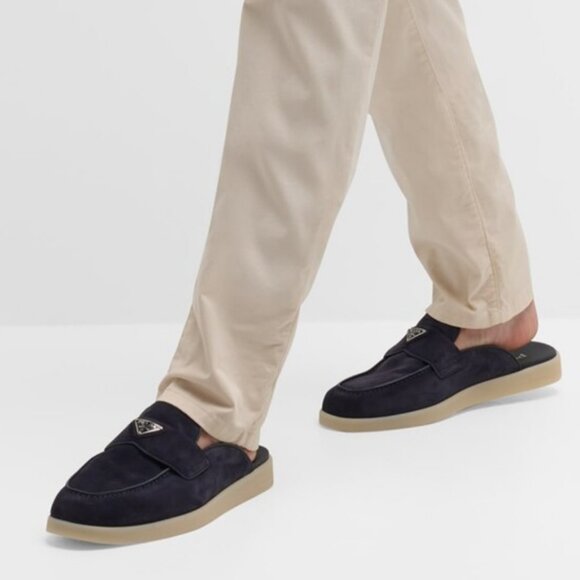 NIB$950 Prada Saint Tropez Suede Metal Triangle Logo Loafer Mules 7.5, US 8.5 - Picture 1 of 16